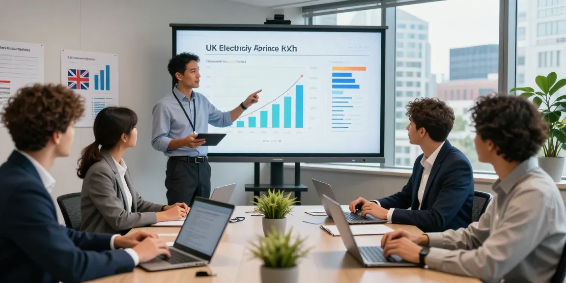 Team discussing uk electricity price per kwh april 2026 in a modern office environment, showcasing financial strategies.
