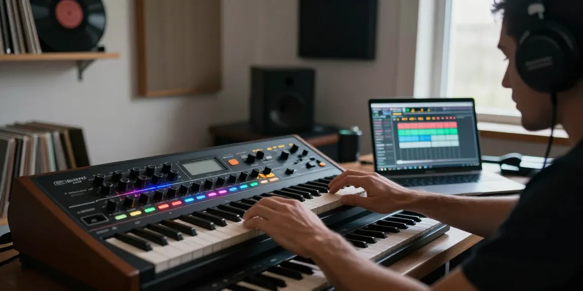 Engineer composing music using Roland SC88 sound module in a bright studio.