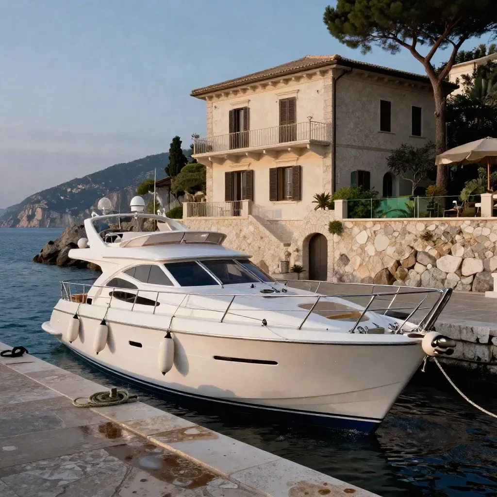 Yacht bianco e villa sul mare al tramonto, con spruzzi salati e dettagli in travertino.