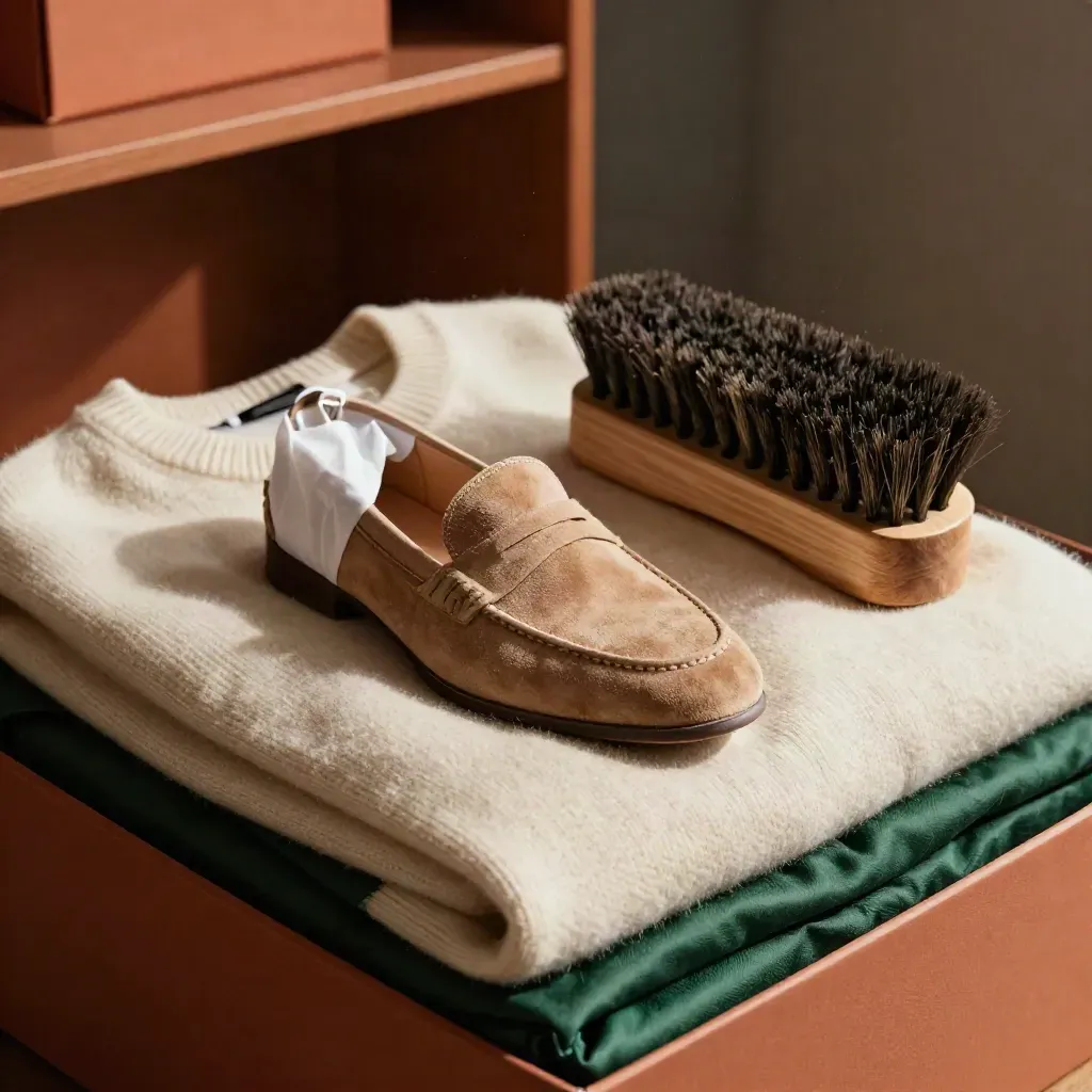 Scatola boutique con cashmere, mocassino in suede, spazzola e velina di seta.