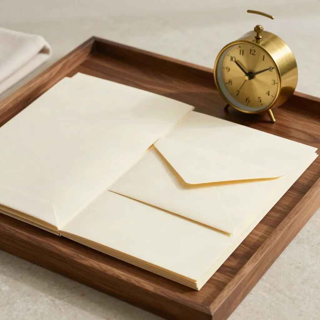 Tre cartelle crema, un orologio in ottone e una busta sigillata su vassoio di noce.