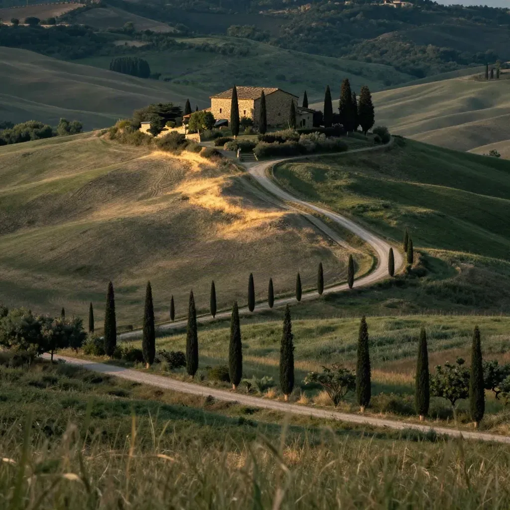 Colline toscane con cipressi, casale in pietra e strada polverosa sotto luce pomeridiana.