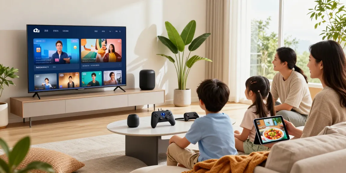 A family enjoys modern home electronics in a bright living room, integrating technology into daily life at https://rokok88.fyi.