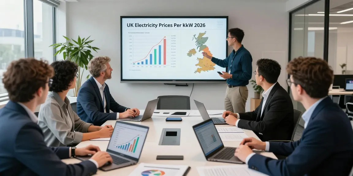Team analyzing uk electricity price per kwh 2026 trends in a modern office setting during a business energy conference.